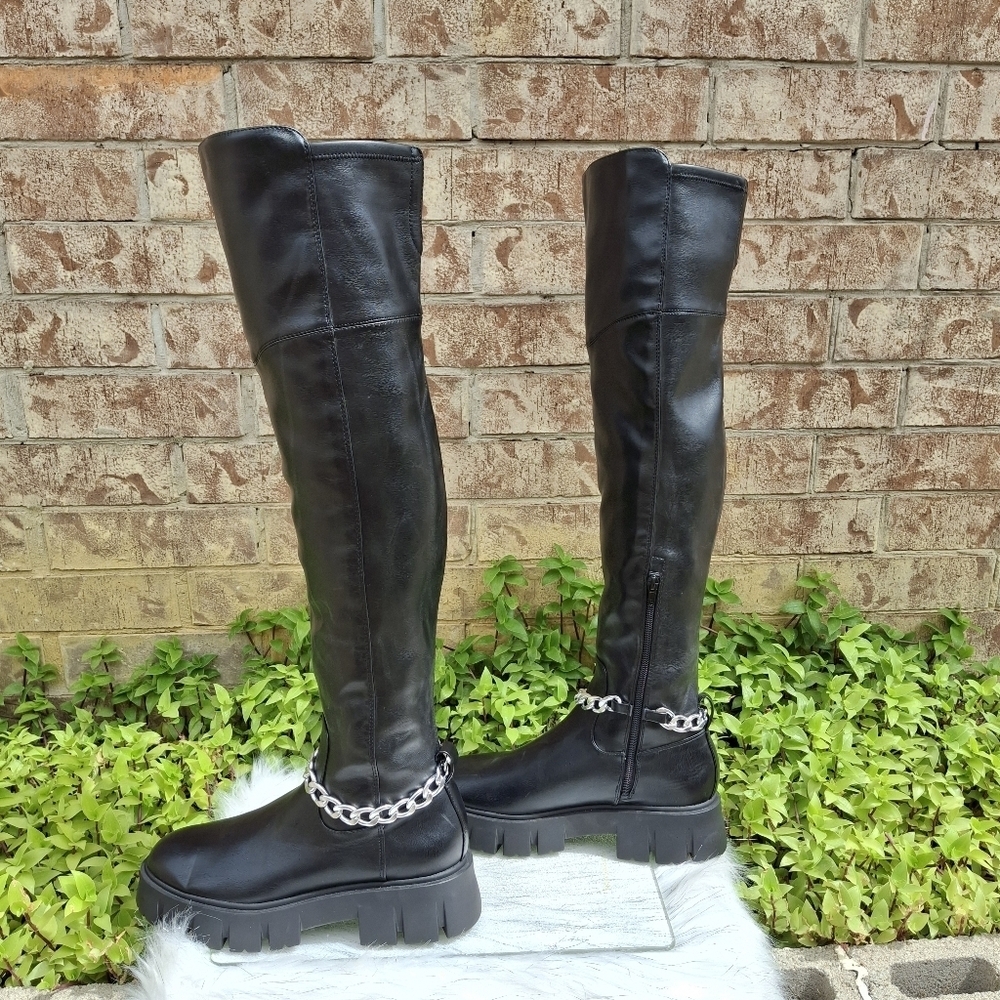 GBG Los Angeles Coen Thigh High With Chain Black Platform Boots Women Size 10 - Picture 7 of 16